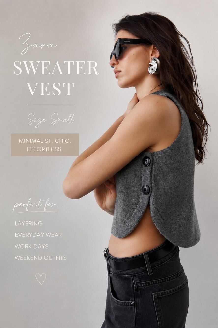 Zara Sleeveless Sweater Small Wool Gray Side Button Knit Minimalist Quiet Luxury